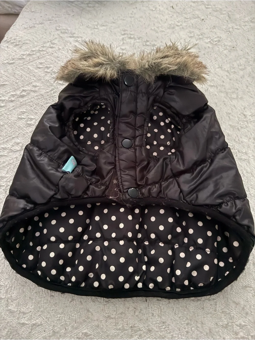 Dogo Black Quilted Puffer Vest w/Polka Dot Lining and Faux Fur Collar
